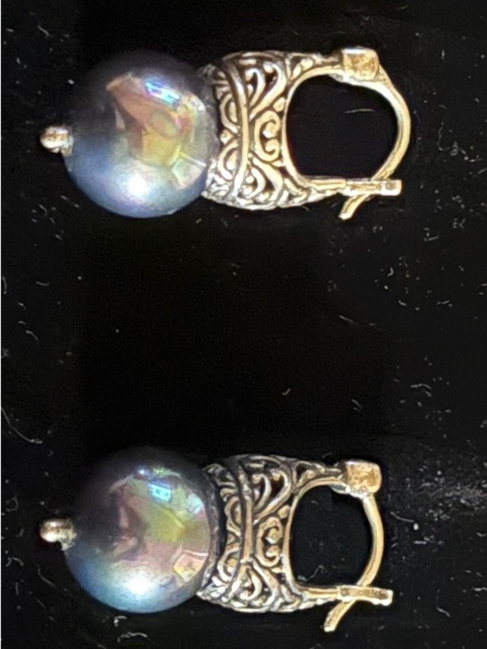 925 stamped Elegant Silver Filigree Black Pearl Drop Earrings - Picture 2 of 4